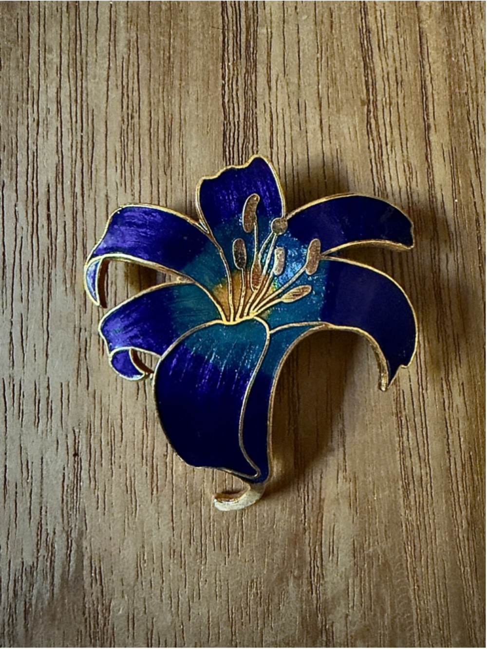 Vintage Cloisonné Blue Purple Lily Flower Brooch